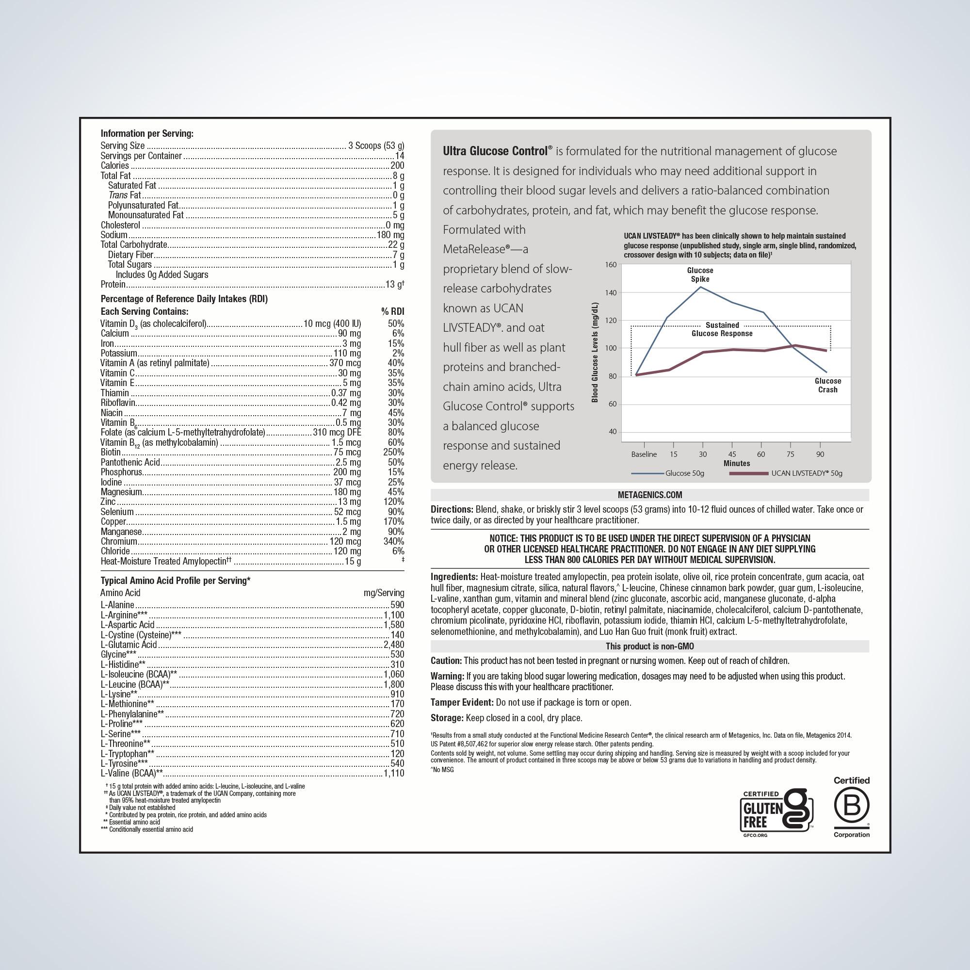 Ultra Glucose Control supplement with a blend of slow-release carbs, protein, and fat to support healthy blood sugar levels and balanced glucose response.