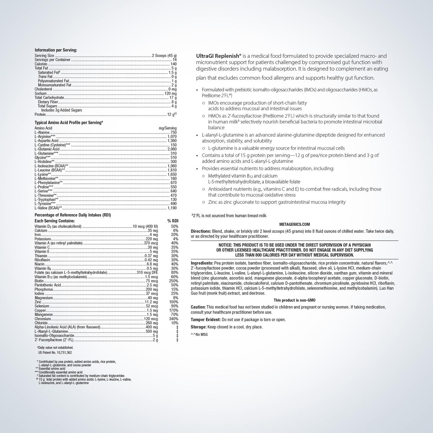 Metagenics UltraGI Replenish specialized medical food for gastrointestinal health and gut lining support.